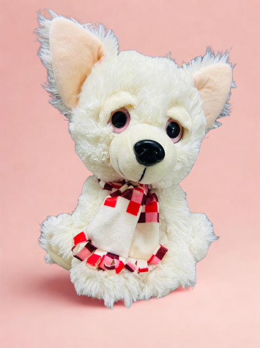 Adorable White Plush Puppy with Checkered Scarf