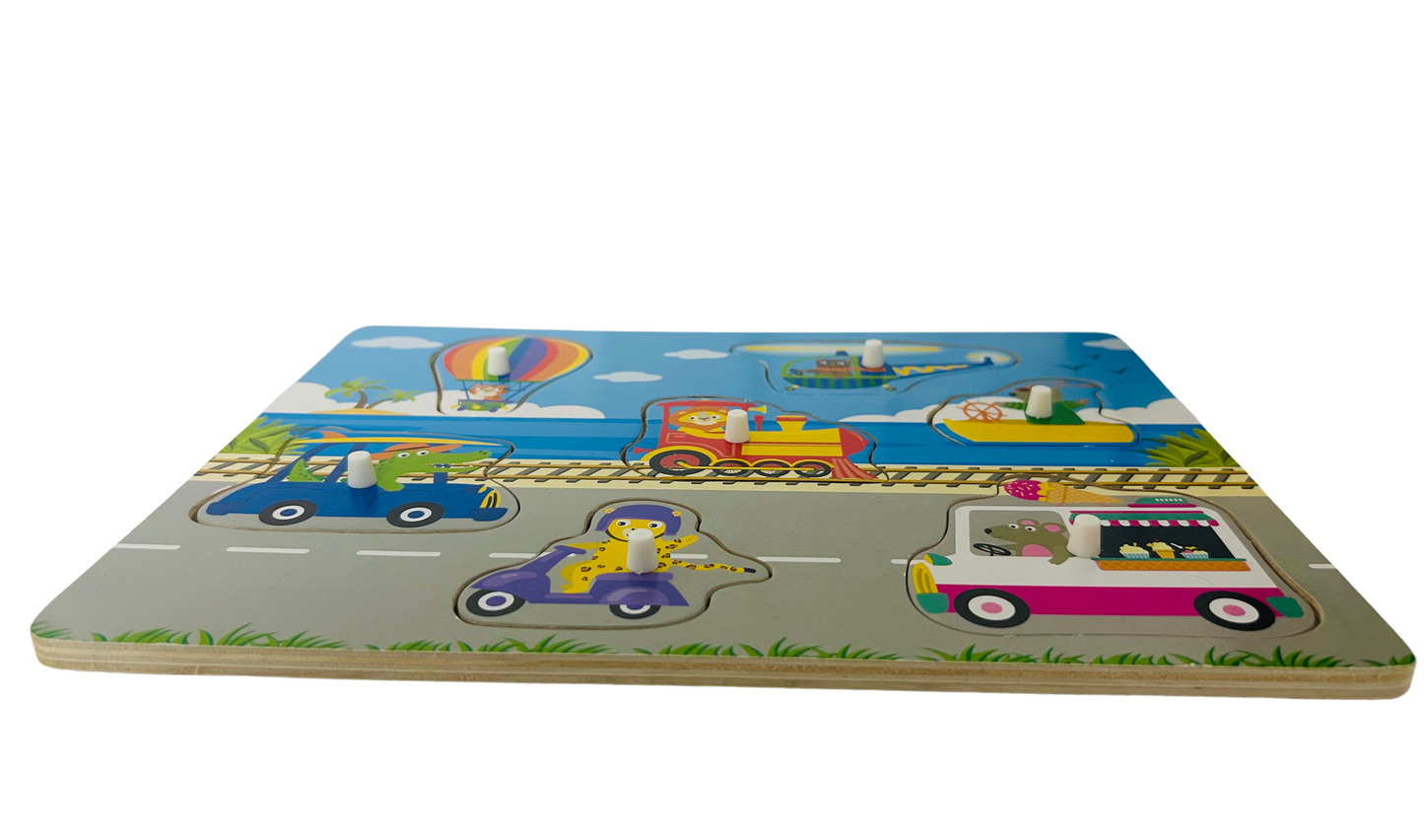 Wooden transportation puzzle with animals