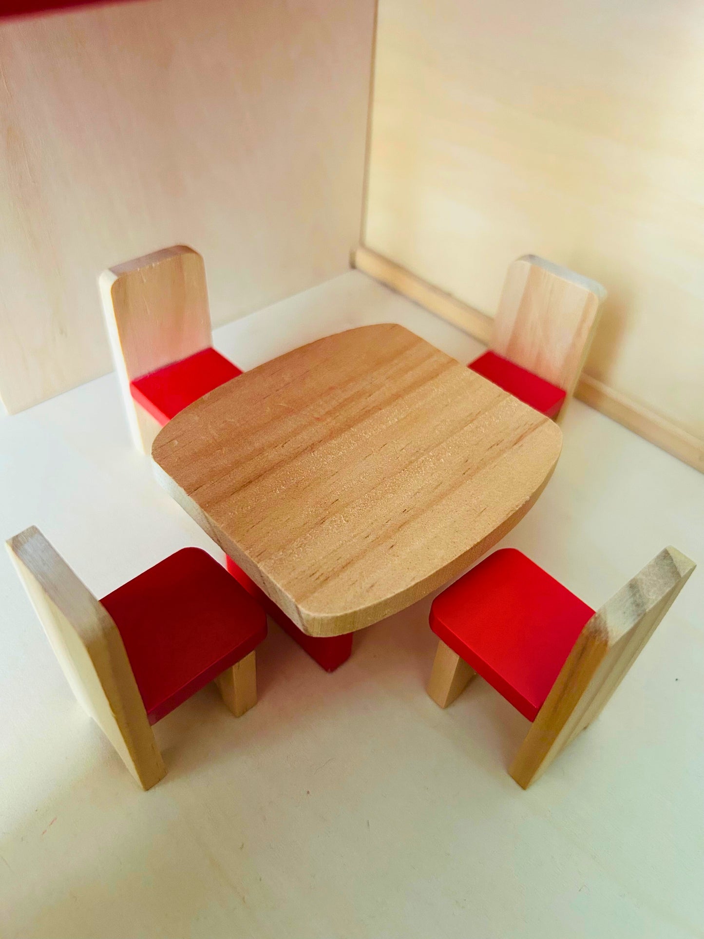 Wooden Doll House with dolls, furniture and clothes