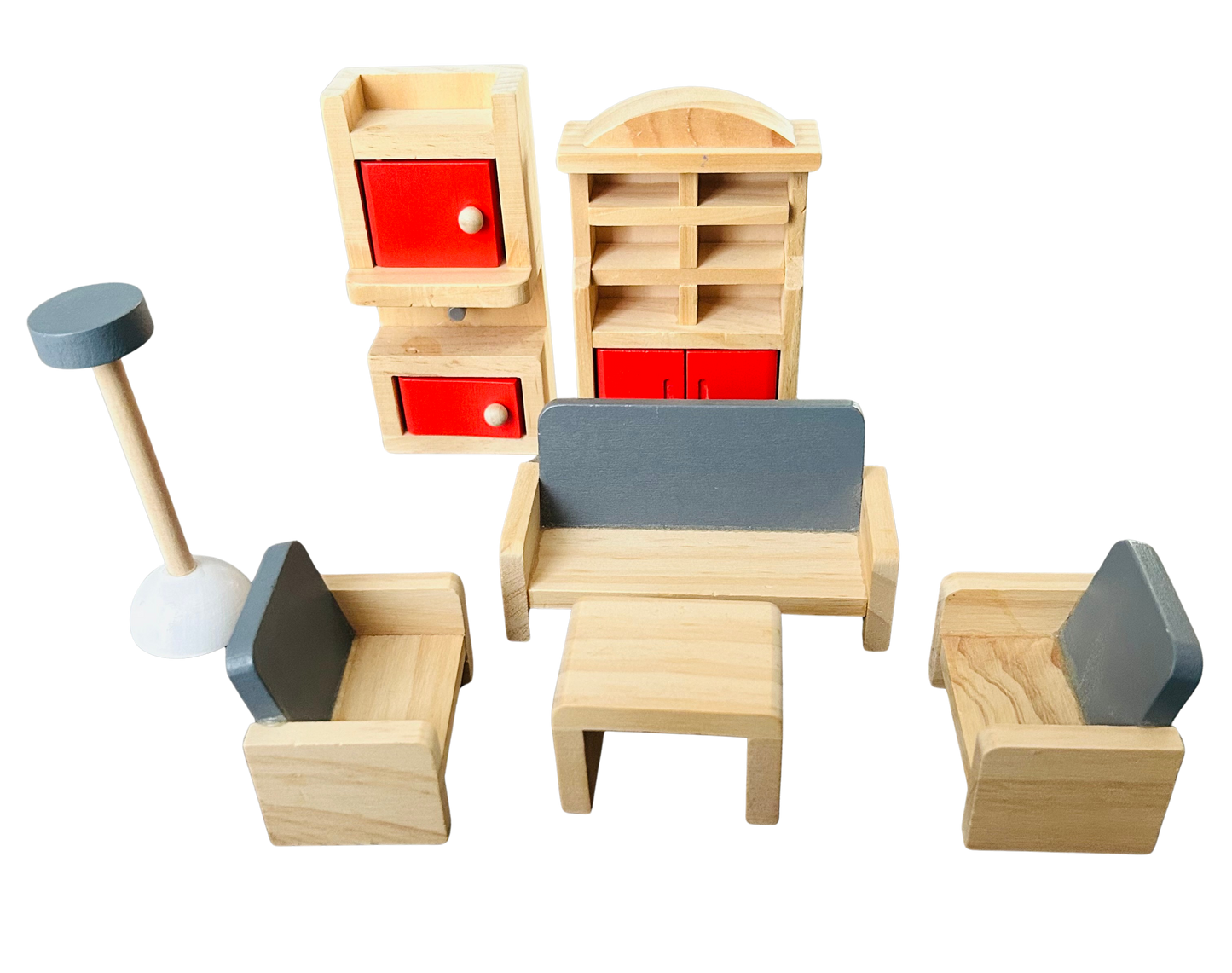 Wooden Doll House with dolls, furniture and clothes