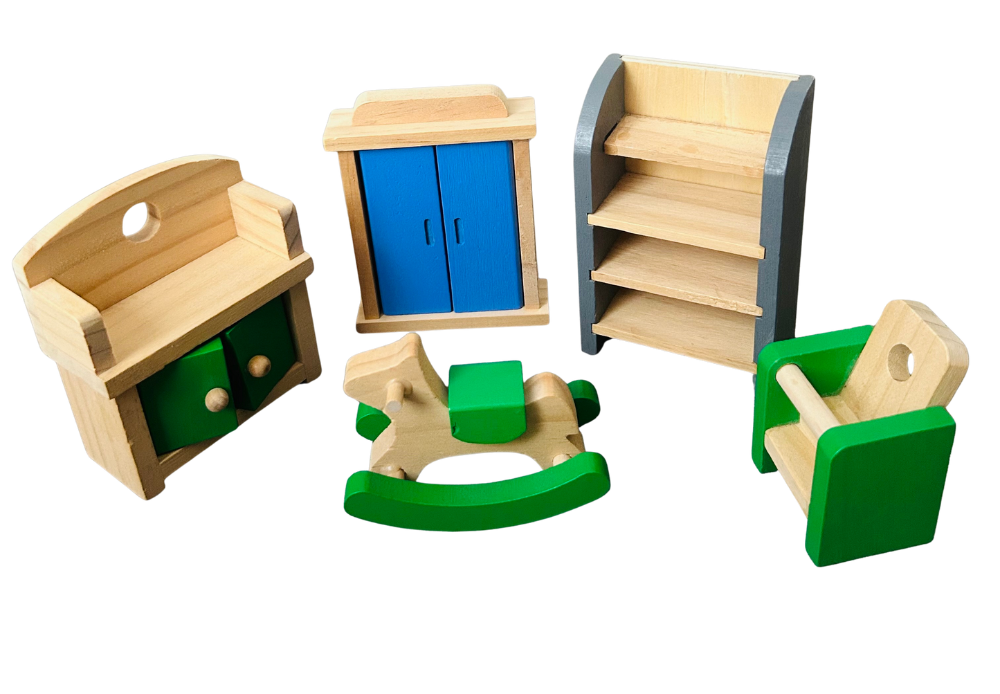 Wooden Doll House with dolls, furniture and clothes