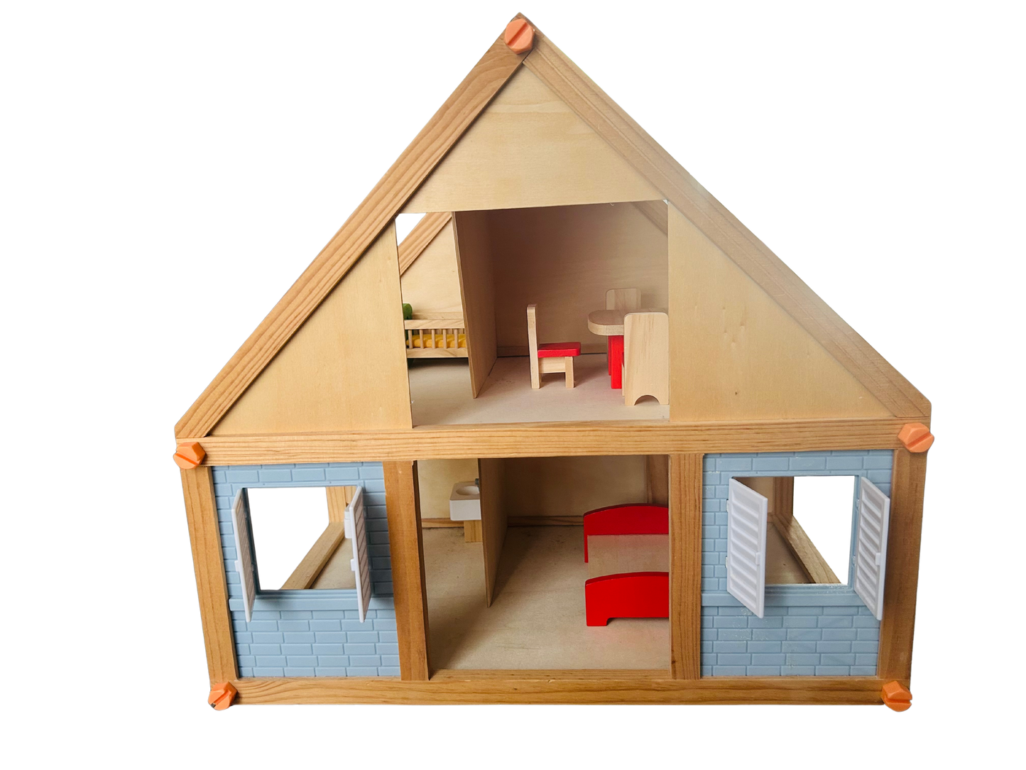 Wooden Doll House with dolls, furniture and clothes