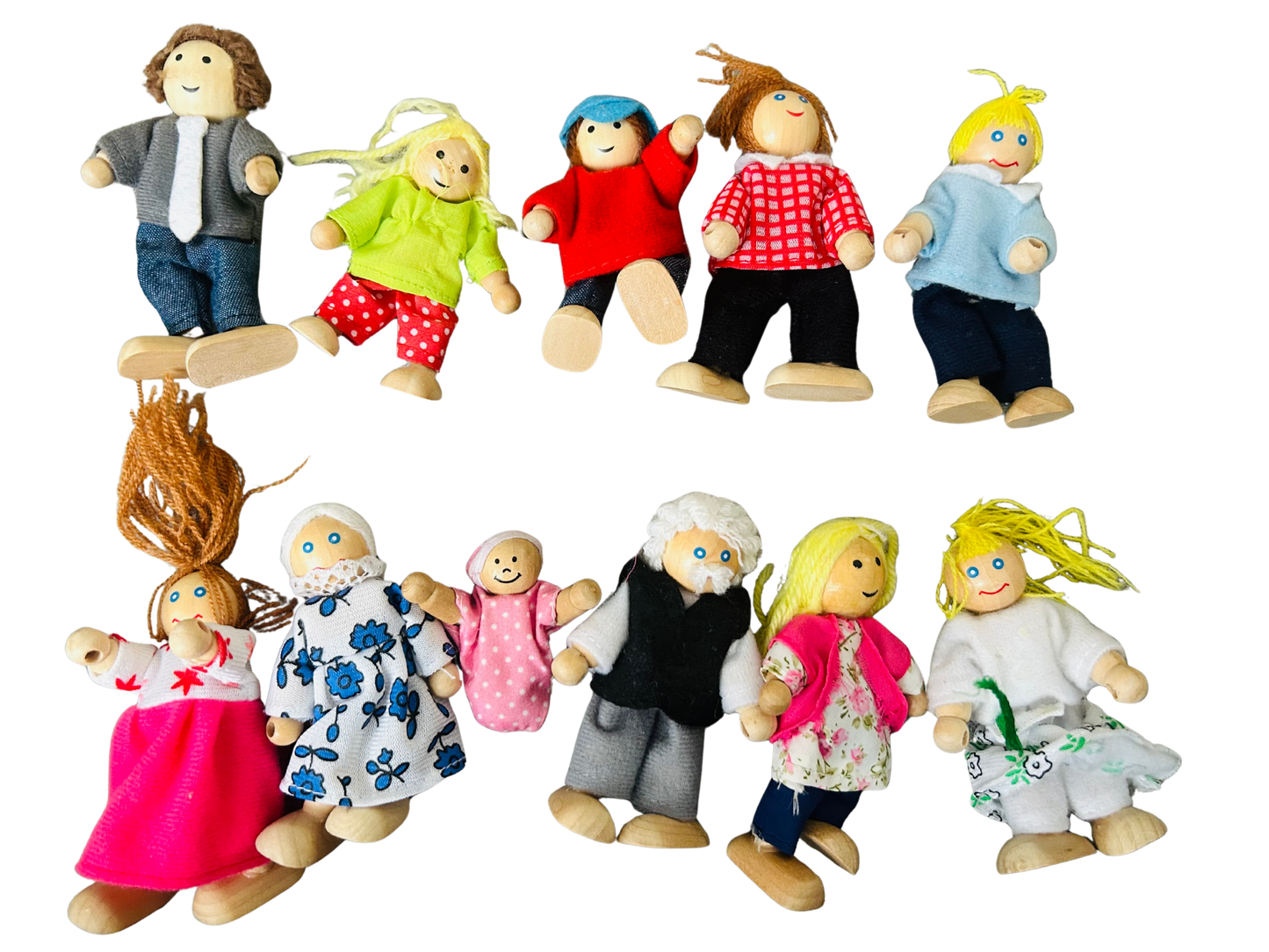 Wooden Doll House with dolls, furniture and clothes