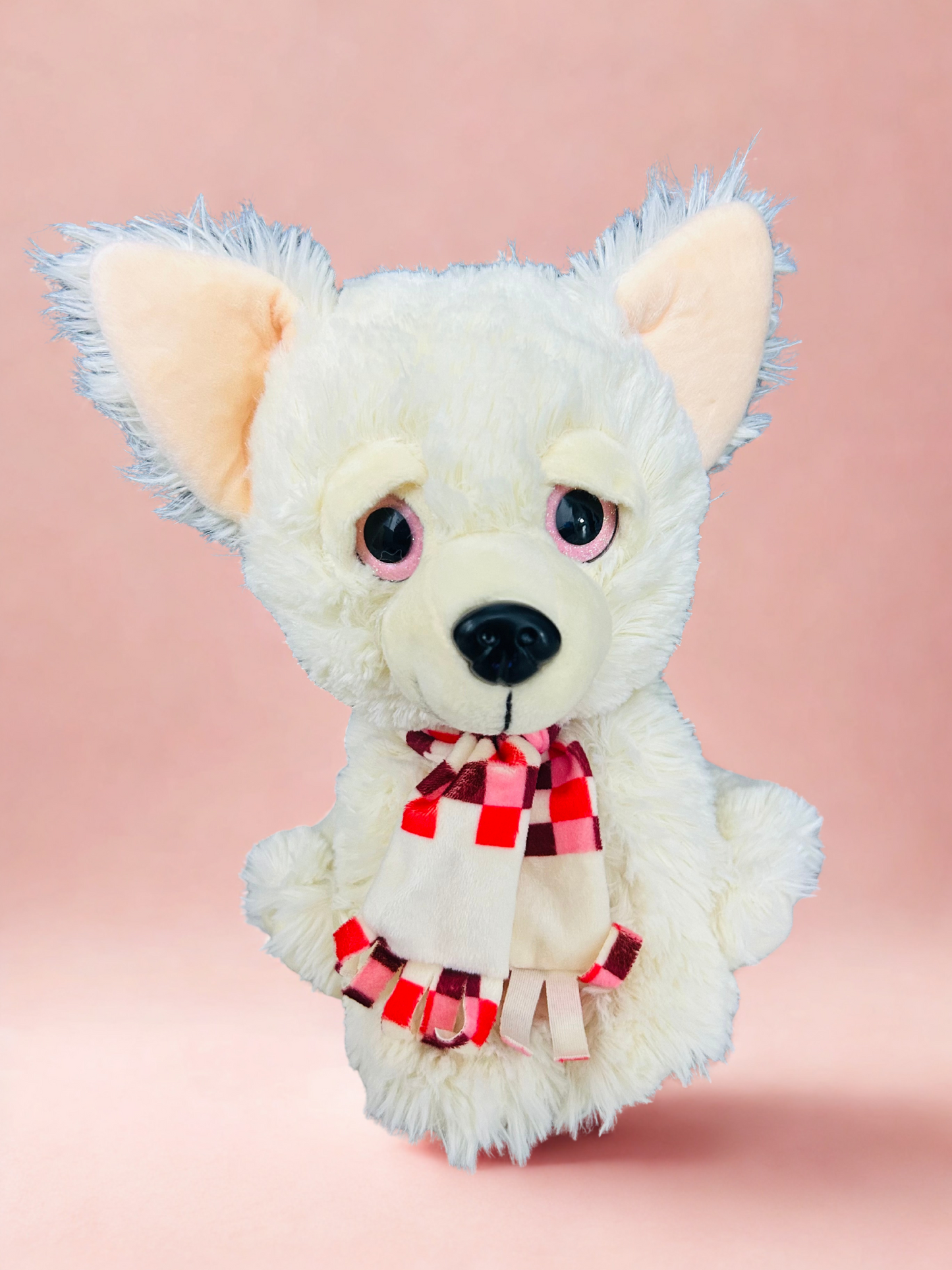 Adorable White Plush Puppy with Checkered Scarf
