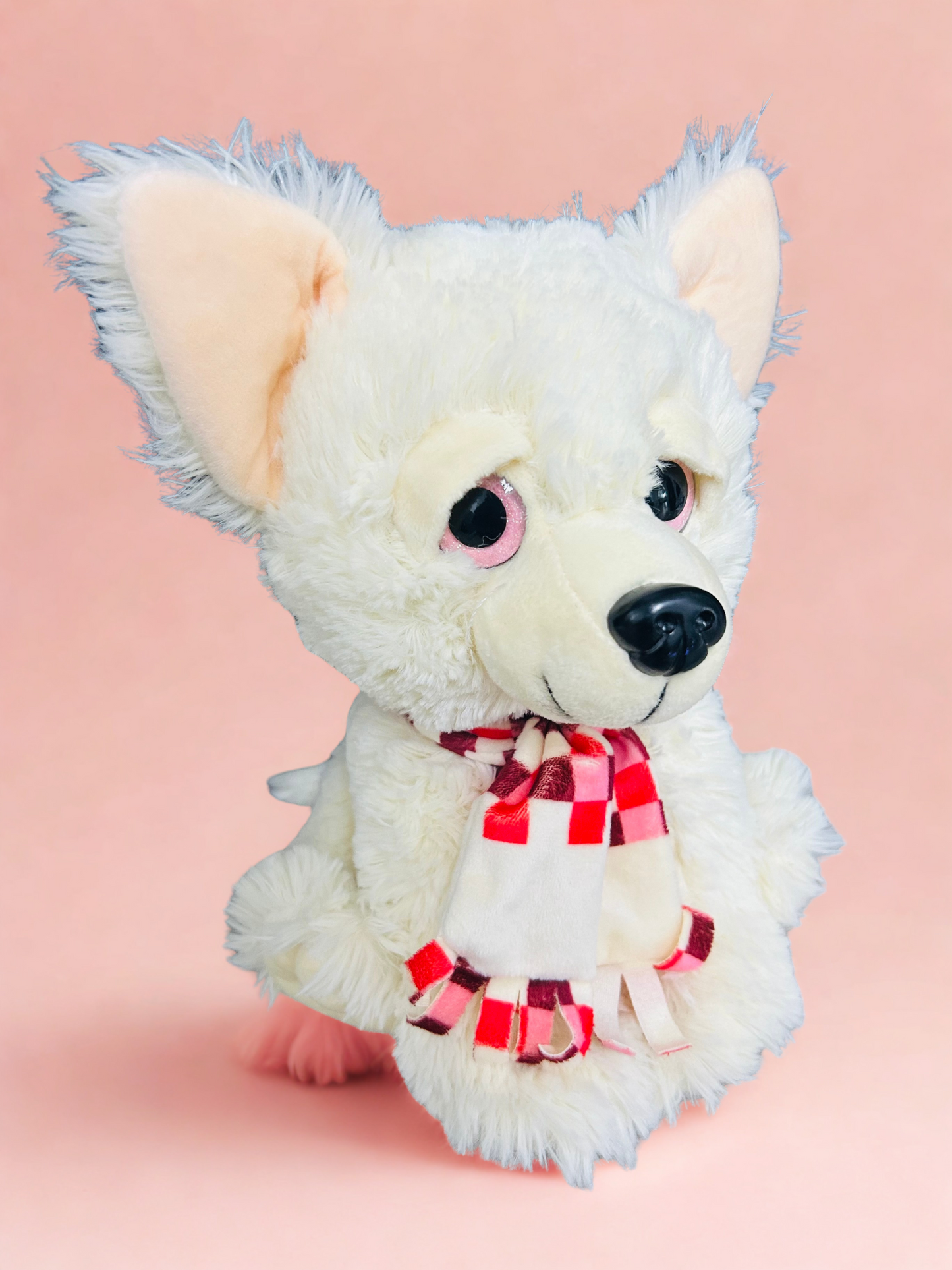 Adorable White Plush Puppy with Checkered Scarf